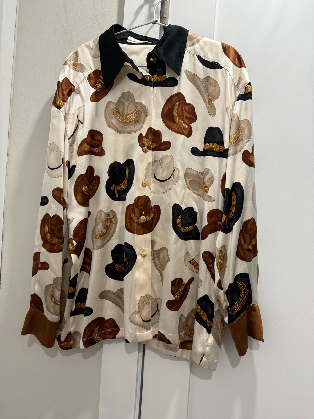 Escada Margaretha Ley Silk Blouse,Late 80’s -90s Cowboy Hat Print Button Down 14